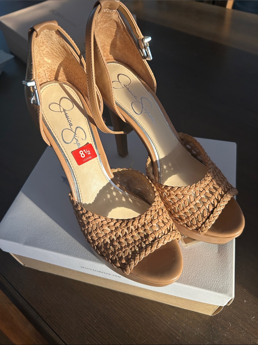 Jessica Simpson Woven Tan Open-Toe Ankle-Strap Heels